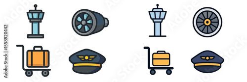 Air traffic control tower, airplane engine, luggage carts, and pilot hats illustrated in a colorful design depicting airport elements