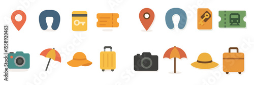 Travel essentials icons representing key items for a memorable journey across various destinations worldwide