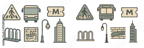 Urban symbols depicting public transport, pedestrian zones, and street art in a city setting