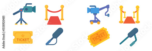 Event preparation with equipment, tickets, and red carpet for a glamorous evening celebration in a bustling city