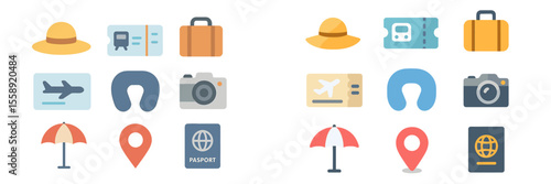 Travel essentials and accessories for a summer getaway including hats, luggage, travel documents, and cameras