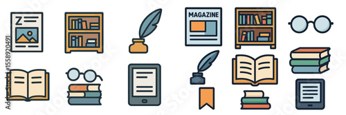 Illustration showcasing various reading materials and writing tools in a creative layout featuring traditional and digital formats