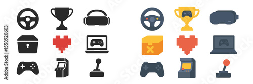 Collection of gaming icons representing different aspects of video games, collectibles, and gaming equipment