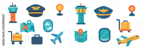 Collection of travel and aviation-related icons including pilots, airplanes, luggage, and airport control towers