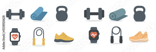 Fitness equipment icons representing various workout essentials for a healthy lifestyle