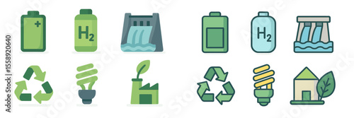 Icons representing renewable energy sources and sustainability practices, showcasing concepts like hydrogen, recycling, and conservation