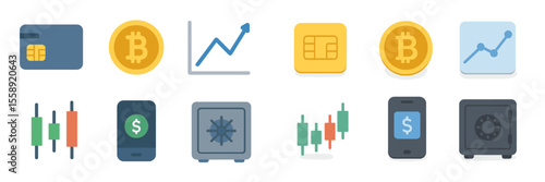 Modern digital finance symbols representing cryptocurrency, banking, and investment trends in a sleek design