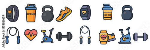 Fitness and workout equipment icons including weights, protein shake, heart monitor, and sports accessories for health enthusiasts