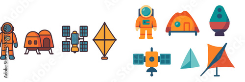 Illustrations of space exploration elements including astronauts, spacecraft, and satellite designs in vibrant colors
