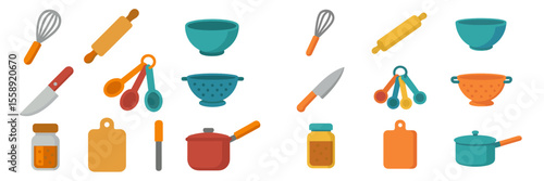 Kitchen utensils and tools arranged in a colorful layout for meal preparation and cooking activities at home