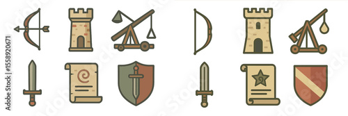 Traditional medieval icons depicting archery, castles, and historical symbols in a graphic collection