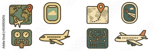 Travel icons representing air travel and navigation, showcasing various elements of flying and map exploration