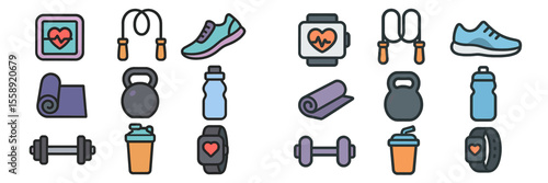Collection of fitness and exercise equipment icons representing healthy lifestyle choices and workout activities