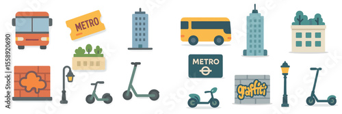 Collection of urban transportation icons featuring buses, metro signs, scooters, and city buildings in a vibrant design