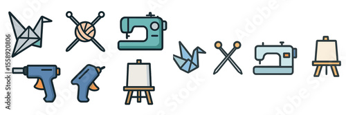 Crafting tools and supplies arrayed in a creative workspace with sewing machine and tools displayed for artistic projects