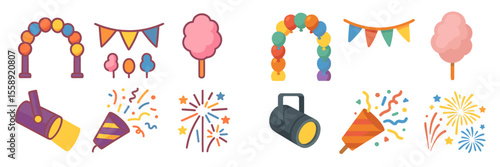 Celebration decorations and festive elements for an outdoor party or event with cotton candy and balloons