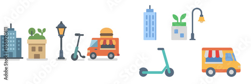 Cityscape featuring modern buildings and food trucks during a sunny day with greenery and transportation options