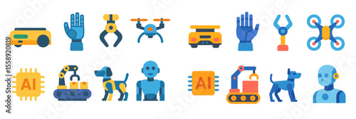 Exploration of artificial intelligence and robotics through colorful icons representing various technologies