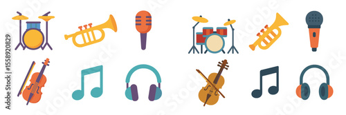 Colorful musical instruments and symbols arranged neatly illustrating various music elements and genres in a vibrant composition