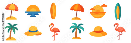 Colorful beach elements create a vibrant tropical atmosphere during a sunny summer day near the ocean