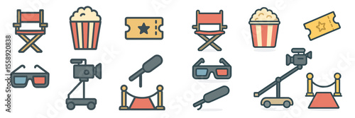 Movie theater icons including popcorn, tickets, cameras, and director chairs in a colorful design for entertainment themes
