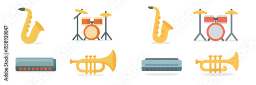 Colorful illustration of musical instruments including saxophones, drums, trumpets, and harmonicas arranged in a playful layout