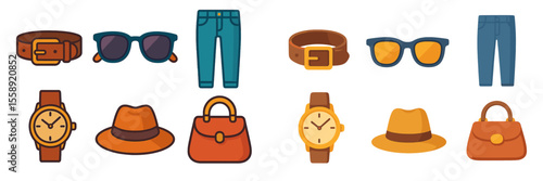 Accessories and clothing items displayed in a colorful arrangement on a flat surface
