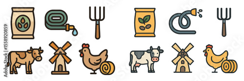 Farming symbols including animals, tools, and equipment on a white background