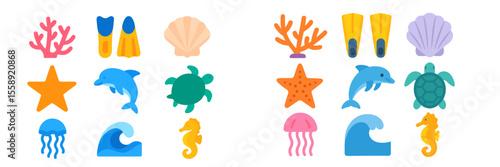 Colorful marine life and ocean-themed illustrations featuring sea creatures and diving equipment in a playful style