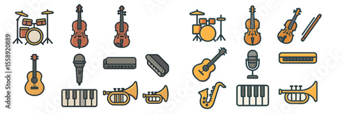 Collection of musical instruments including drums, violins, and guitars arranged in an artistic layout for a vibrant display