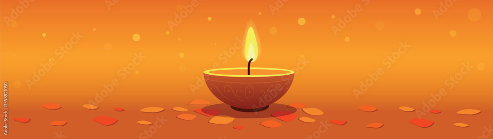 Vector horizontal banner with space for text Diwali holiday, light, warmth and victory of good over evil. Oil lamp with flame and petals on glowing background. For holiday cards, banners Vector horizontal banner with space for text Diwali holiday, light, warmth and victory of good over evil. Oil lamp with flame and petals on glowing background. For holiday cards, banners