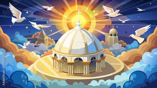 Zoom into the white stone dome with pigeons circling gently. Light breaks through clouds, highlighting the mosaic Christ inside above the glowing golden altar.


