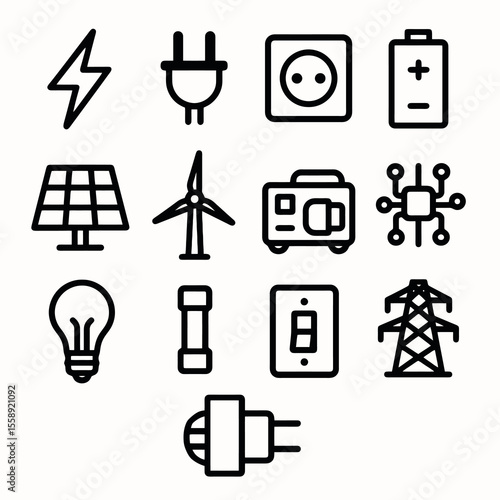12 black power icons. Solid vector for electricity, energy, and technology.