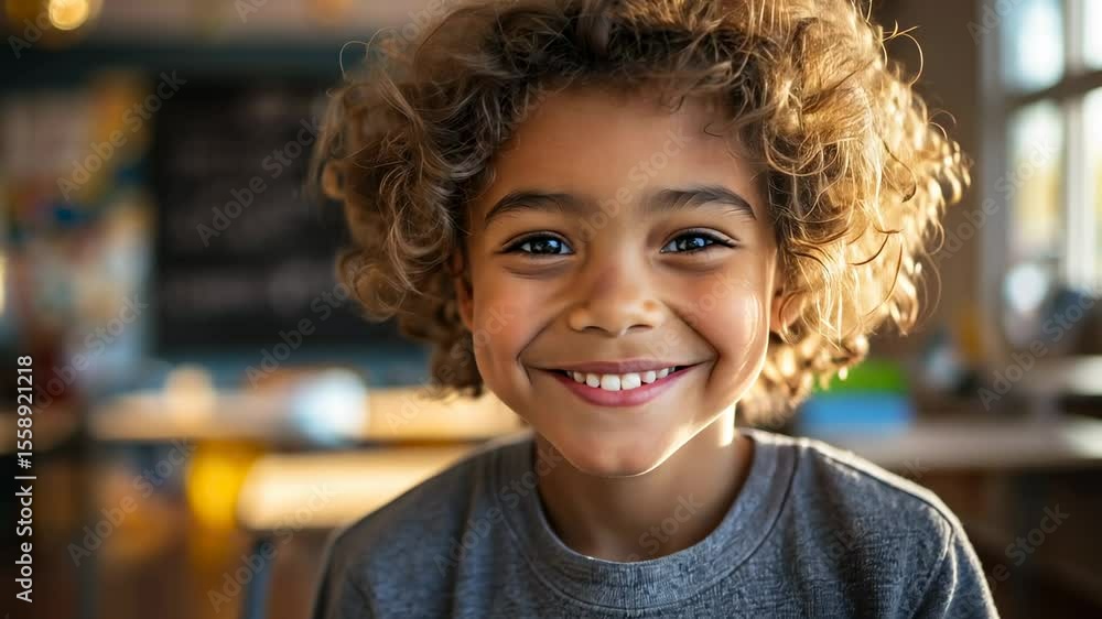 Curly haired young boy smiling brightly in a classroom setting, radiating happiness and positivity in natural daylight Curly haired young boy smiling brightly in a classroom setting, radiating happiness and positivity in natural daylight