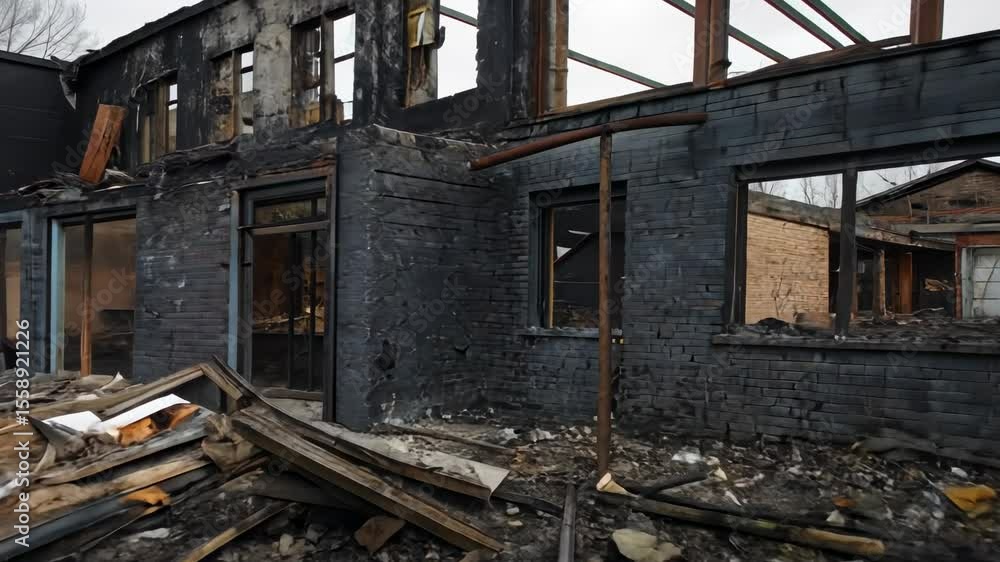 Burnt abandoned building with exposed framework, scattered debris, and damaged brick walls after a devastating fire disaster Burnt abandoned building with exposed framework, scattered debris, and damaged brick walls after a devastating fire disaster