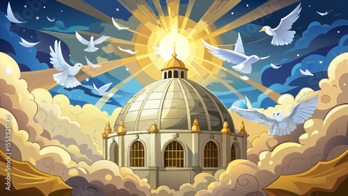 Zoom into the white stone dome with pigeons circling gently. Light breaks through clouds, highlighting the mosaic Christ inside above the glowing golden altar.

