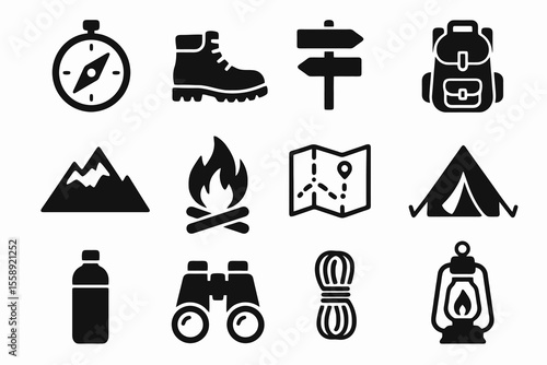 Black set of 12 nature icons. Minimal vector for exploration and wilderness travel.
