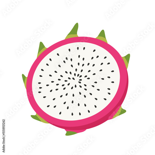 Halved dragon fruit illustration with white flesh and black seeds