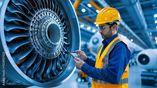 Engineer inspecting modern aircraft engine turbine with digital tablet for maintenance and safety check in industrial hangar