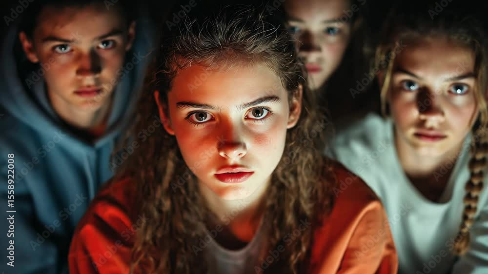 Serious group of preteen friends sitting closely together indoors, faces illuminated, expressing curiosity and intense focus Serious group of preteen friends sitting closely together indoors, faces illuminated, expressing curiosity and intense focus