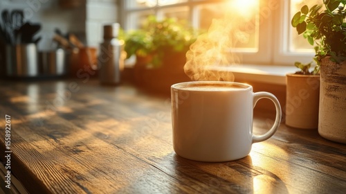 Steaming Coffee Mug on Wooden Countertop