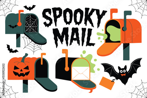 Fun Halloween Featuring Illustrated Mailboxes and Spooky Elements against a White Background