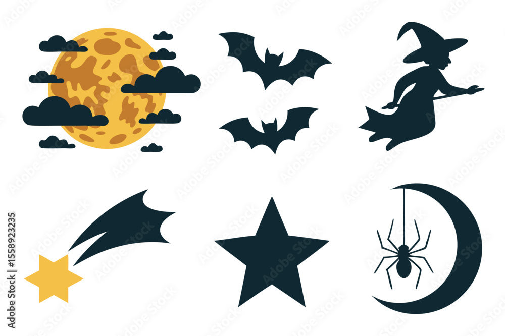 Fototapeta premium Halloween Elements Witch Silhouette, Bats, Moon, Star, Spider, and Falling Star