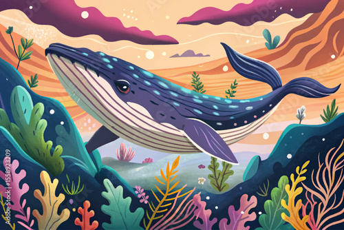 majestic whale gliding peacefully through the deep blue ocean depths, ideal for marine life themes, nature visuals, or educational content