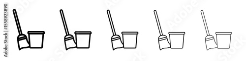 besom with stick and pail icon vector thin outline style sign