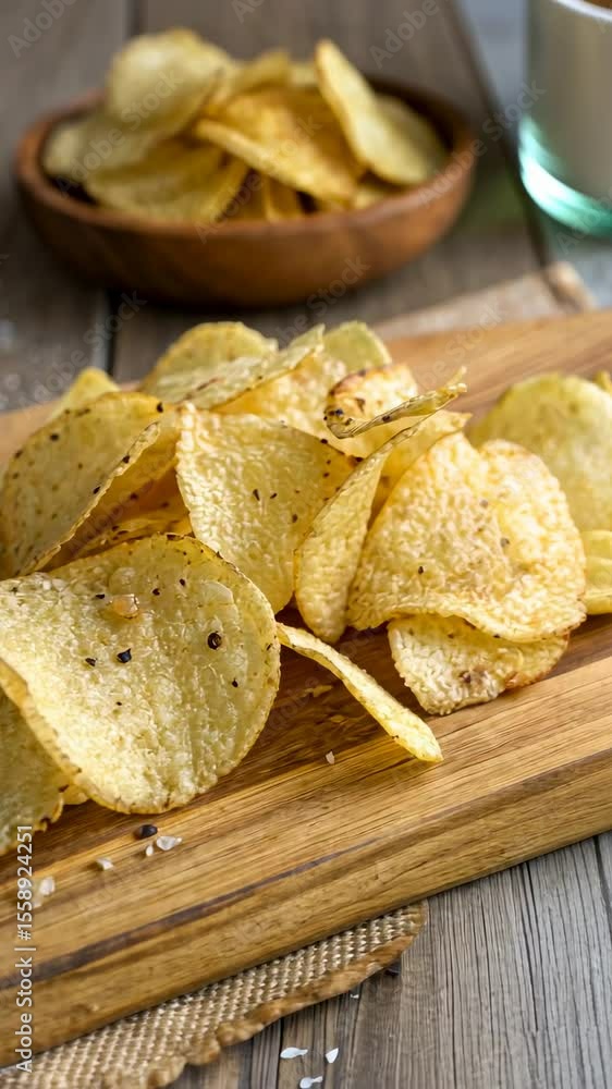 Crispy salted potato chips sprinkled with coarse sea salt on rustic wooden board in natural daylight with a blurred snack background Crispy salted potato chips sprinkled with coarse sea salt on rustic wooden board in natural daylight with a blurred snack background