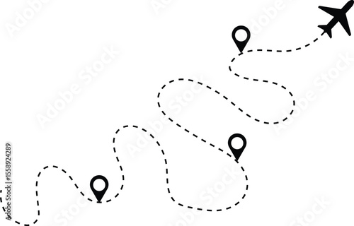 Airplane road featuring a dashed line. This represents the flight path of a plane. The airplane is depicted in flight, leaving behind a twisted, curved, and straight dashed trace along its route.

