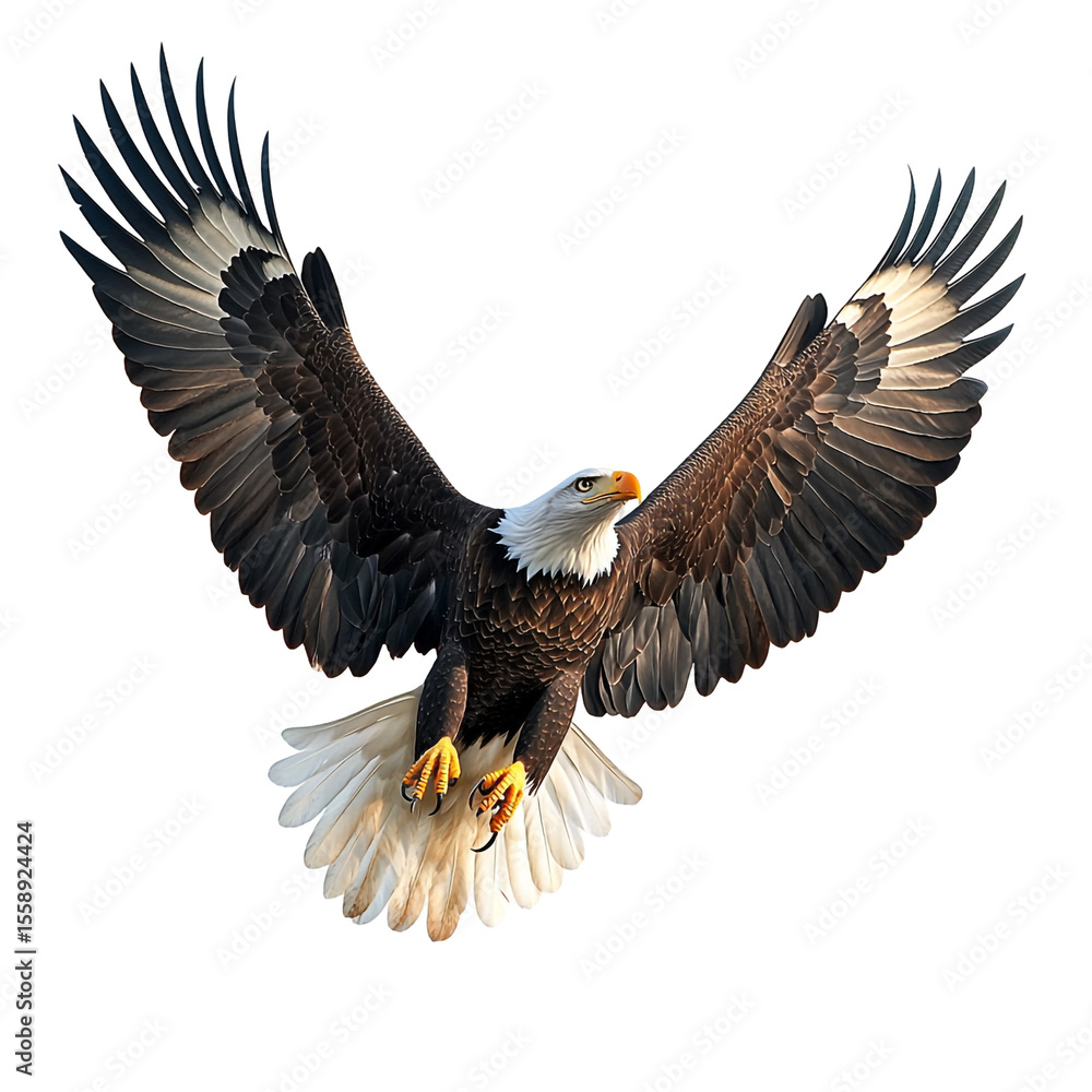 Fototapeta premium Majestic bald eagle in flight wings spread wide against a black background a powerful symbol of freedom and nature