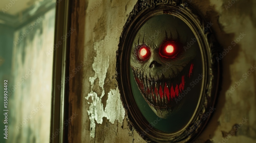 Obraz premium Eerie Reflection: A horrifying visage peers from an antique mirror, its malevolent eyes burning with an unnatural crimson glow, casting an unsettling atmosphere of dread and mystery.