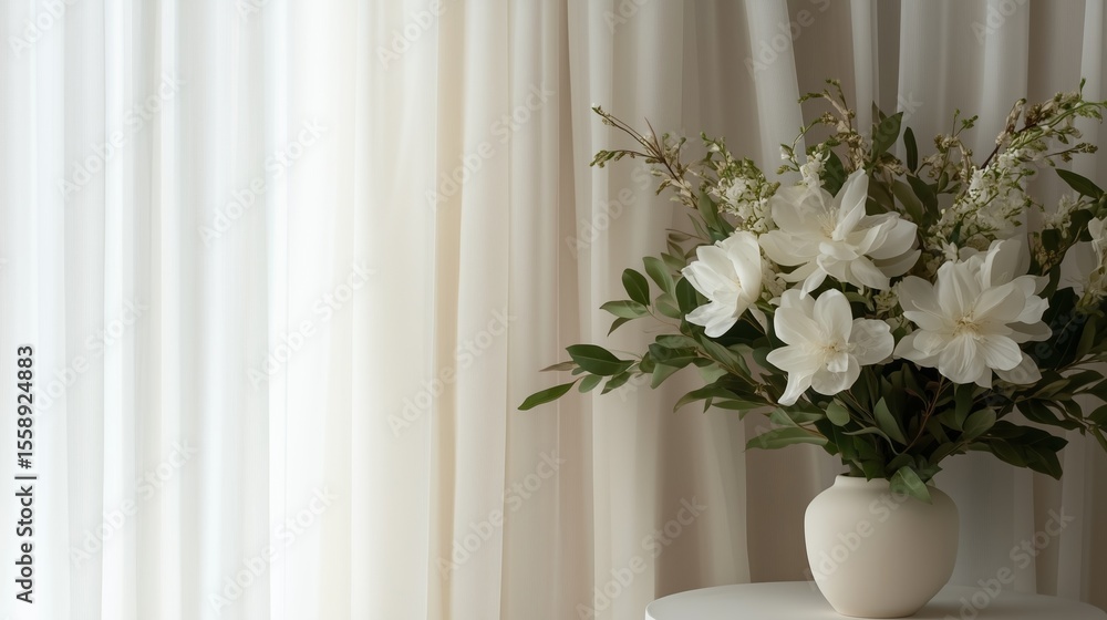 Fototapeta premium White flower arrangement displayed in a vase near a window covered by sheer fabric curtains